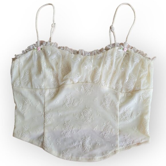 Lush Cream Lace Rosette Camisole Cropped Mesh Feminine Coquette Top Romantic Y2K - Picture 2 of 10